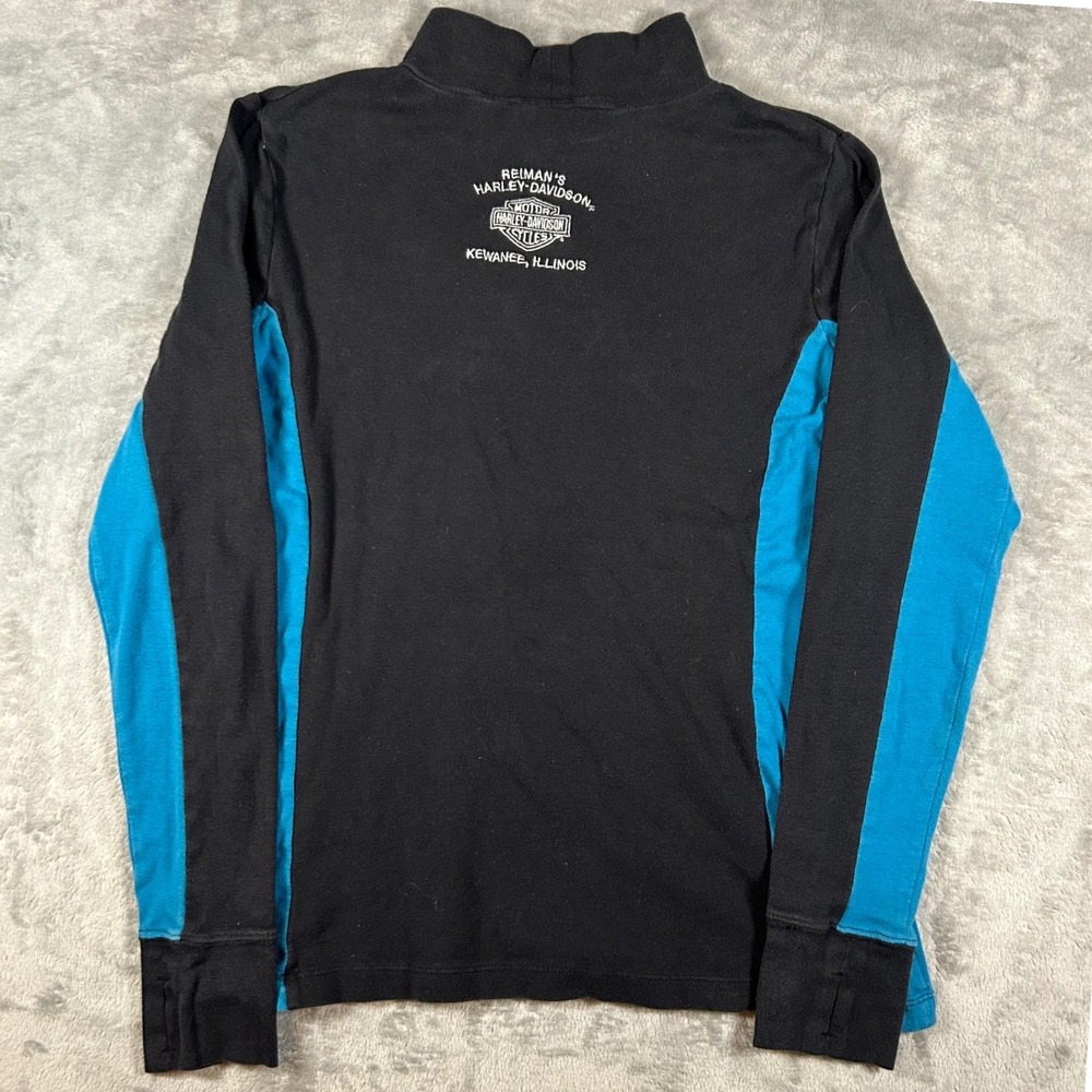 Harley Davidson Mock Neck Shirt Womens Large Black Teal Blue Long Sleeve Cotton - Picture 2 of 6
